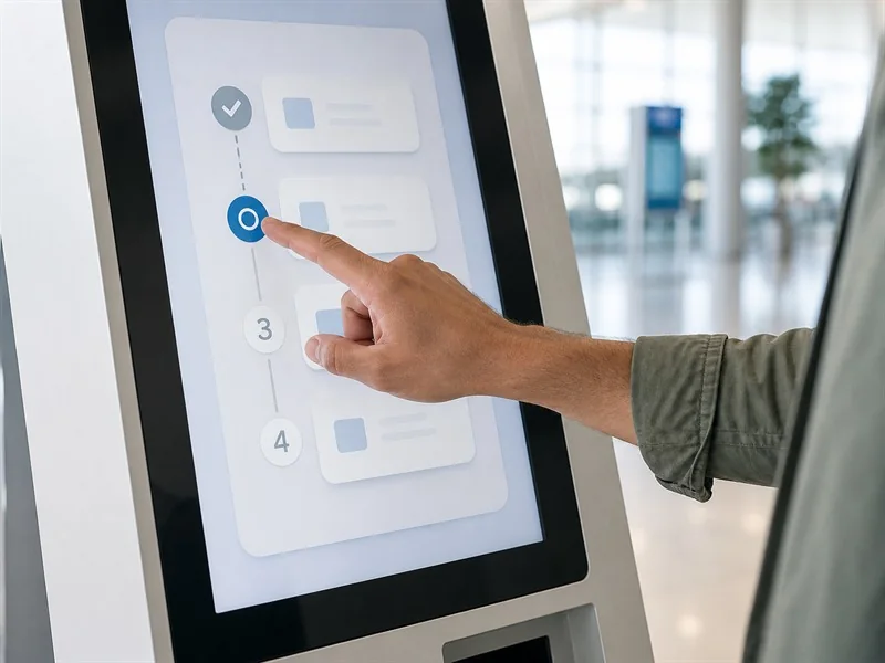 Illustrative visitor using a guided touchscreen experience