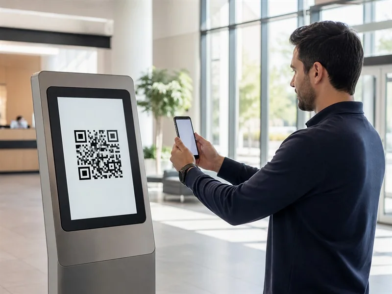 Illustrative visitor scanning a QR code displayed by a kiosk