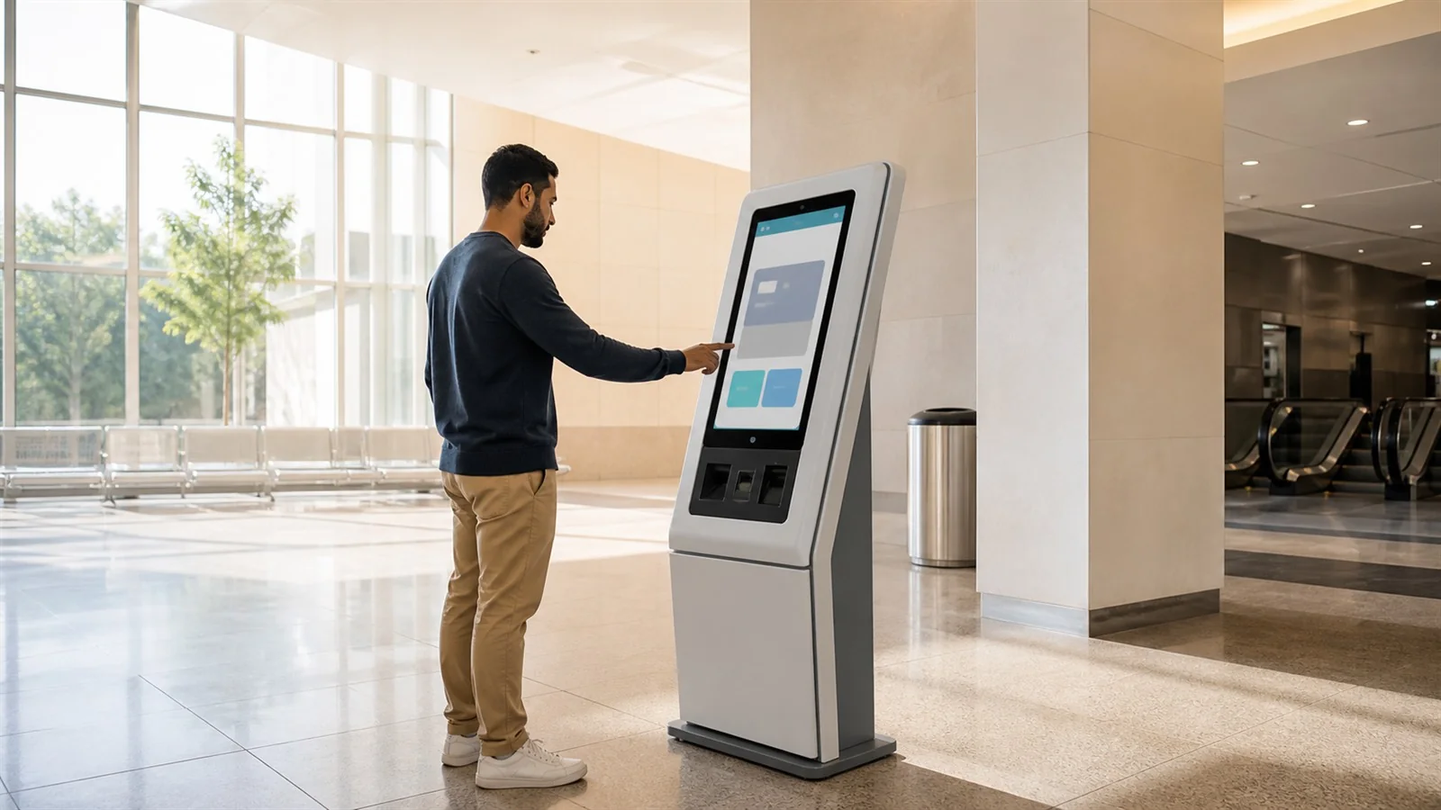 Illustrative public entrance with digital information kiosks